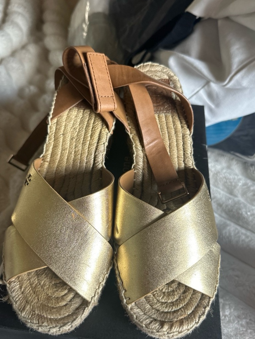 Tory Burch Metallic Gold Espadrille Sandals with Tan Straps